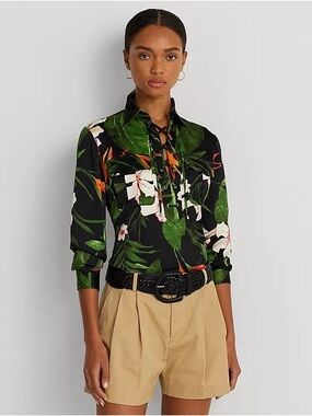 Ralph Lauren Tie-Front Tropical - Print Shirt. Size Small